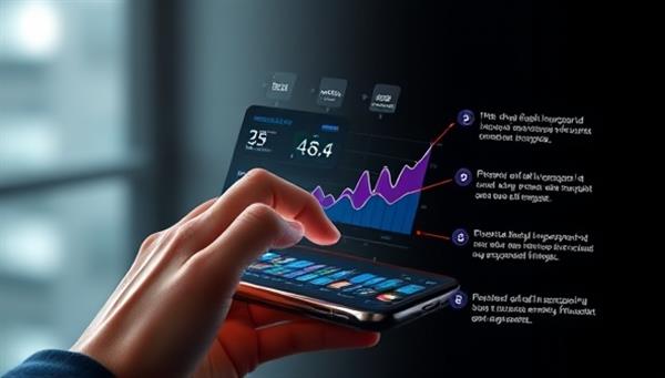 An innovative depiction of a user interacting with a sleek AI interface on a smartphone, with dynamic graphs illustrating financial trends, virtual assistant suggestions, and personalized budgeting recommendations, showcasing the power of AI in optimizing personal finance.