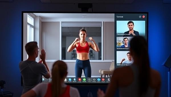 An interactive virtual fitness session screen featuring a fitness coach leading a workout, with participants joining from different locations, creating a sense of community and motivation on the FitSphere Connect platform.
