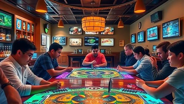 An inviting board game cafe interior with patrons immersed in AR-enhanced gameplay, surrounded by colorful game boards and digital overlays that bring the games to life, creating a vibrant and interactive atmosphere.
