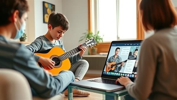A split-screen image showing a student playing a guitar in a cozy living room while an online music teacher provides guidance and feedback via a laptop screen, highlighting the convenience and personal touch of virtual music lessons.