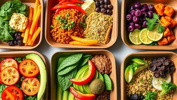 An array of vibrant and colorful plant-based dishes elegantly arranged in meal delivery containers, showcasing the freshness and variety of the customized plant-based meal options available through the service.