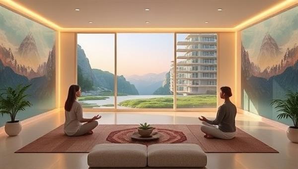 A serene and tranquil virtual meditation space with participants engaging in mindfulness practices, surrounded by calming nature visuals, soft lighting, and peaceful music, creating a harmonious and meditative atmosphere for individuals seeking inner peace and emotional well-being.