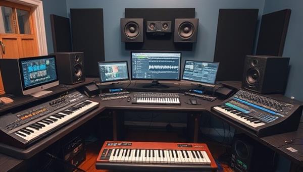 A digital music studio setup featuring professional audio equipment, MIDI controllers, and digital audio workstations, with creative music production software interfaces and virtual mentorship sessions, inviting users to explore the world of music creation and production.