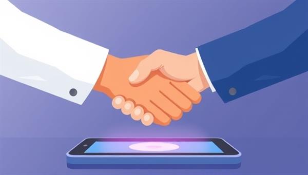 An illustration of two people shaking hands over a digital device screen, symbolizing a successful loan transaction and partnership within the peer-to-peer lending platform.
