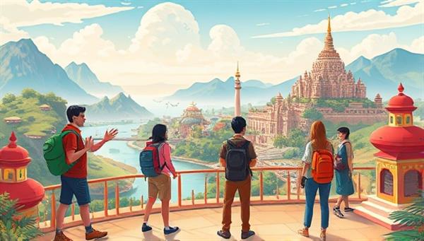 An immersive digital illustration featuring users embarking on a virtual travel exploration, interacting with local guides, admiring scenic views, and experiencing cultural activities in a vibrant destination setting, capturing the spirit of adventure and discovery within the online travel exploration platform.