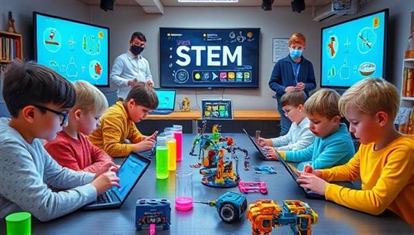 An imaginative scene showcasing kids immersed in a virtual STEM workshop, each child participating in a hands-on experiment or coding activity on their devices, surrounded by colorful robotics kits, test tubes, and digital screens displaying scientific concepts, creating an engaging and educational atmosphere for young learners.
