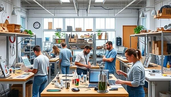 A dynamic image of the Healthcare Maker Space featuring individuals collaborating on innovative projects, experimenting with medical devices, and testing prototypes in a vibrant workshop setting filled with tools, equipment, and creative energy, illustrating a hub of healthcare creativity and invention.