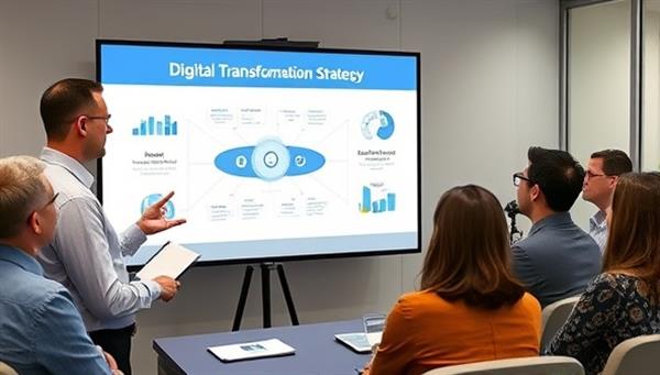 A professional consultant presenting a digital transformation strategy to a diverse group of government officials and tech experts, with visual aids showcasing innovative tech solutions and data-driven approaches, depicting collaboration and expertise.