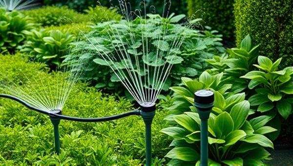 An elegant outdoor garden featuring a smart irrigation system with sensors strategically placed among lush plants, showcasing the seamless integration of technology and nature for efficient and sustainable landscaping.