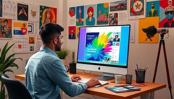 A vibrant and dynamic ad design studio workspace with a designer creating a visually captivating social media ad on a computer screen, surrounded by colorful mood boards and design sketches, exuding creativity and innovation.