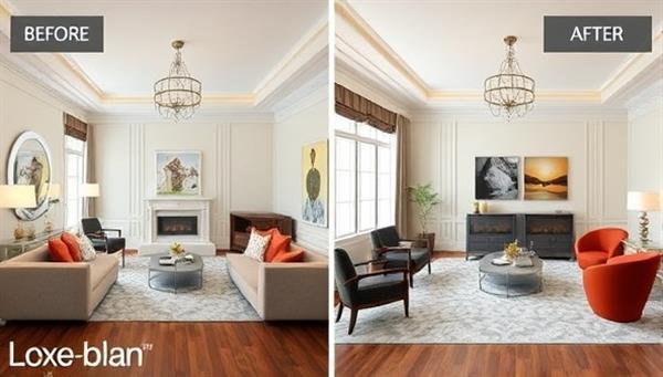 An elegant virtual room design visualization with before and after images, showcasing a transformed living space with stylish furniture arrangements and color schemes, highlighting the impact of professional design expertise.