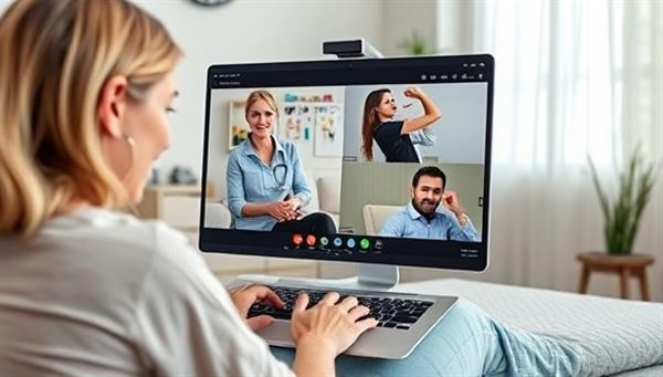 A virtual occupational therapy session in progress, with an occupational therapist guiding a patient through exercises and demonstrating the use of assistive devices via a video call, emphasizing personalized care and support for improved daily functioning.