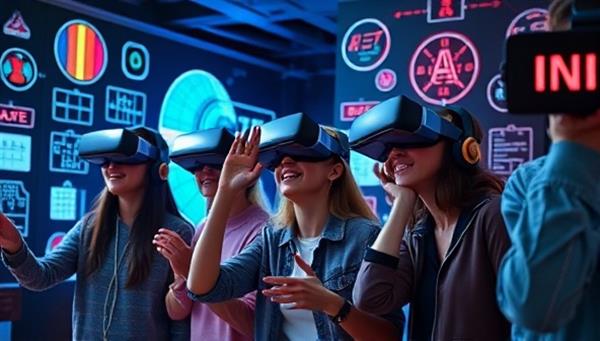 An engaging image of a group of people wearing VR headsets, immersed in a virtual escape room scenario, with digital puzzles and challenges surrounding them in a futuristic environment, showcasing the excitement and teamwork involved.