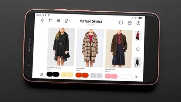 A sleek virtual stylist interface showcasing outfit suggestions on a smartphone screen, with fashion images and color palettes in the background, conveying a sense of personalized style and modern technology.