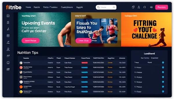 An online fitness challenge dashboard showcasing upcoming events, workout schedules, nutrition tips, and a leaderboard ranking participants