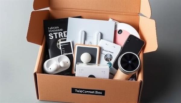 An image of a stylishly designed subscription box filled with telecom gadgets and accessories like wireless earbuds, portable routers, smartphone stands, and smart home devices, showcasing the curated selection and value of the TeleConnect Box service.