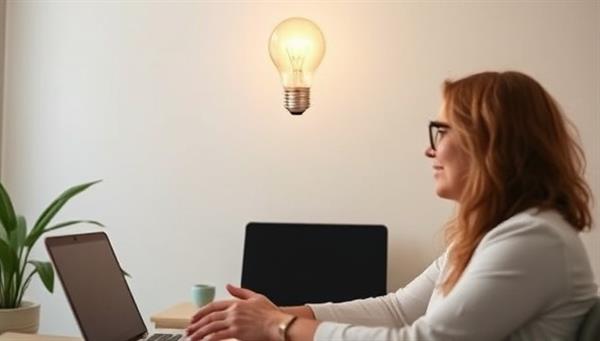 A serene virtual coaching session with a coach guiding a client through a breakthrough moment, symbolized by a lightbulb glowing brightly above their head, illustrating personal growth and transformation.