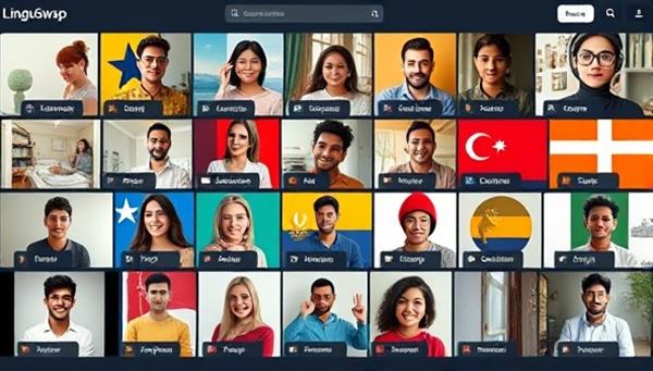 An interactive language exchange platform interface featuring diverse users engaging in virtual language practice sessions, cultural sharing activities, and learning exercises, creating a vibrant and inclusive community of language enthusiasts on LinguaSwap.