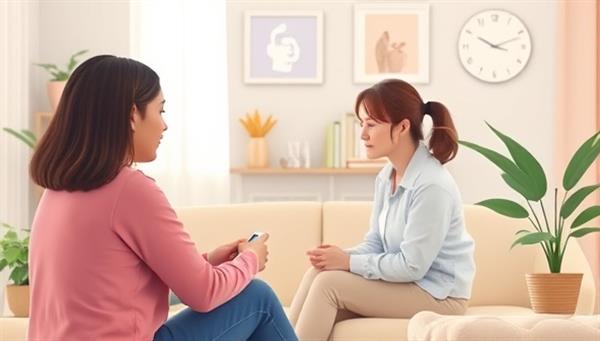 An empathetic virtual therapy session scenario with a therapist engaging with a client in a supportive and confidential online setting, surrounded by calming visuals and mental wellness resources, portraying a safe and nurturing mental health environment.