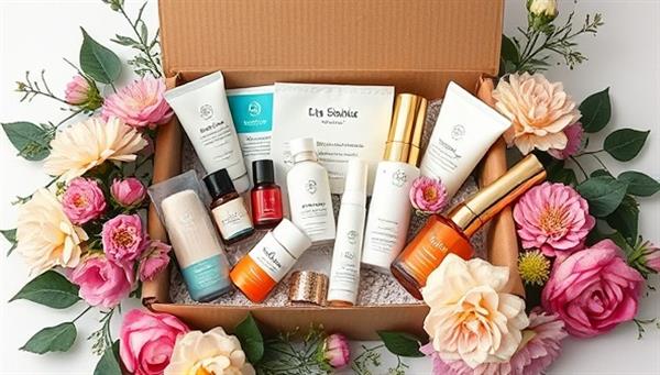 A beautifully designed subscription box overflowing with a variety of beauty, wellness, and self-care products, surrounded by fresh flowers and greenery, evoking feelings of luxury, self-indulgence, and pampering.