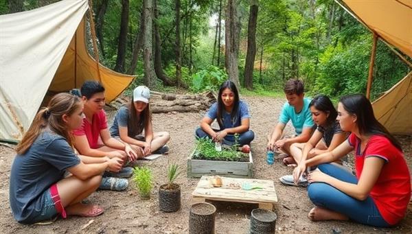 An outdoor camp setting with teenagers engaged in team-building activities, eco-conscious workshops, and sustainability projects, surrounded by natural elements and eco-friendly materials, illustrating the immersive and impactful experience offered by EcoVenture Teens