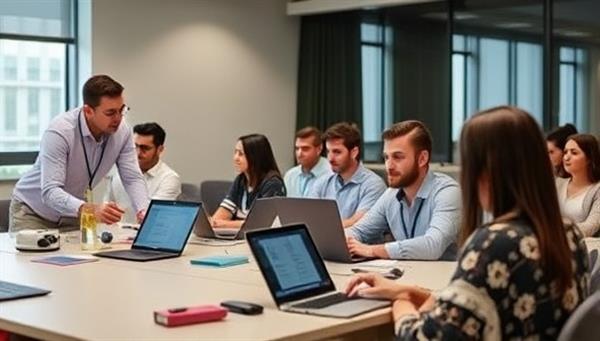 An interactive workshop scene with attendees learning how to use accounting software on laptops, guided by a knowledgeable instructor, featuring a blend of technology and learning in a modern classroom setting.