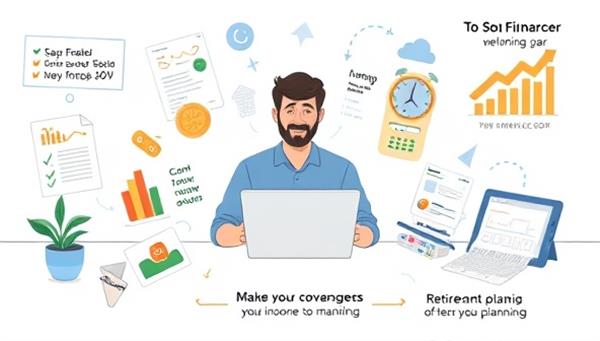 An illustrative graphic featuring a freelancer working on a laptop, surrounded by financial documents and digital tools for managing income, expenses, and retirement planning, highlighting the convenience and efficiency of using SoloFinance Pro for financial management.