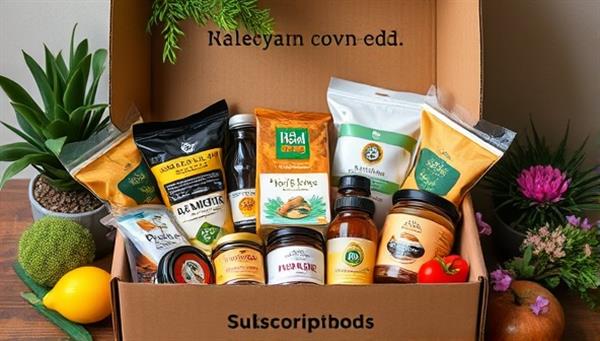 An inviting and colorful display of various locally sourced products neatly arranged in a subscription box, surrounded by elements representing the neighborhood