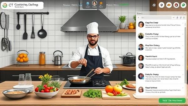 An interactive virtual kitchen scene with a chef demonstrating a cooking technique, surrounded by digital cooking utensils, fresh ingredients, and a lively chat box with participant avatars, illustrating a dynamic and engaging online cooking class environment.