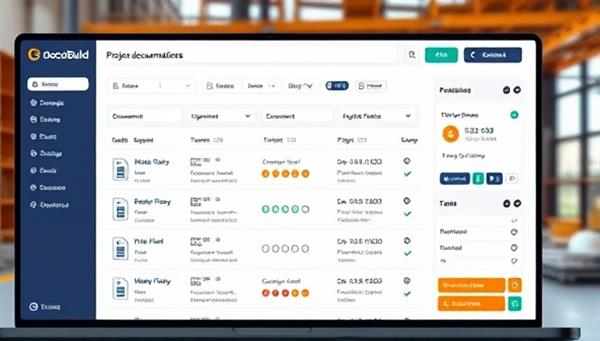 An online project documentation dashboard on the DocuBuild platform displaying project folders, document uploads, team collaboration features, and compliance tracking tools, with construction professionals accessing and updating project documents in real-time, ensuring seamless project documentation management.