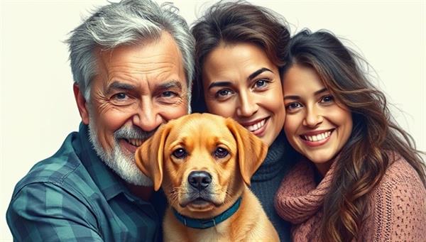 A visually striking digital art portrait of a family, pet, or couple, showcasing intricate details, vibrant colors, and a unique artistic style, highlighting the creativity and customization offered by PixelPortrait Studio.