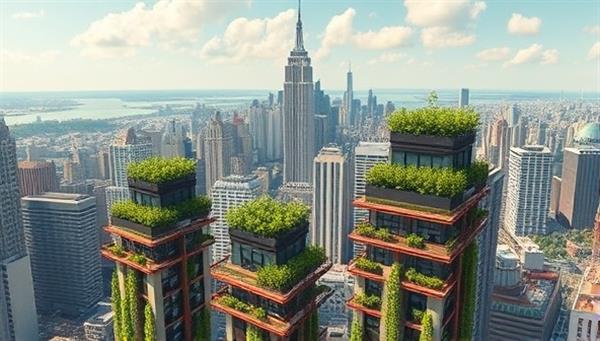 An artistic rendering of a bustling cityscape with skyscrapers featuring integrated vertical farms on balconies and rooftops, showcasing a sustainable and green urban environment.