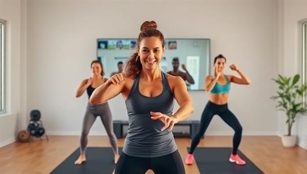 An engaging virtual workout session with a fitness coach leading a group of clients through a high-energy exercise routine via a live video stream, showcasing the convenience and effectiveness of virtual fitness training for a diverse audience.
