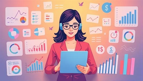 An artistic depiction of a virtual assistant surrounded by financial charts and graphs, assisting a user in managing their finances efficiently, illustrating the convenience and support provided by FinSavvy Aid.