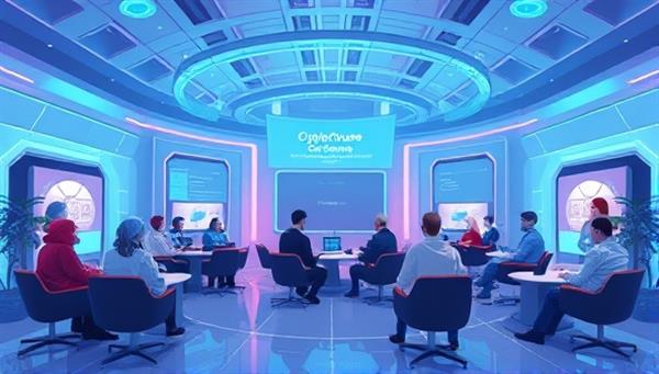An illustration of a digital clubhouse with a futuristic design, showcasing members discussing cryptocurrency trends, attending webinars, and networking with industry experts, representing a vibrant and exclusive community.