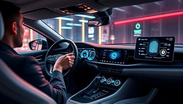 A sleek and futuristic vehicle interior featuring a driver seamlessly starting the car with a fingerprint scan on the biometric access control panel, with digital displays showing advanced security features and a high-tech ambiance, highlighting innovation and security in vehicle technology.