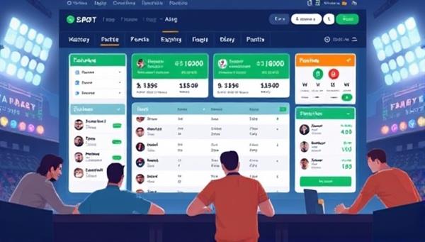An illustration of a fantasy sports betting platform interface showcasing different sports leagues, player stats, and fantasy team selections, with users engaging in real-money betting on their favorite teams and players.
