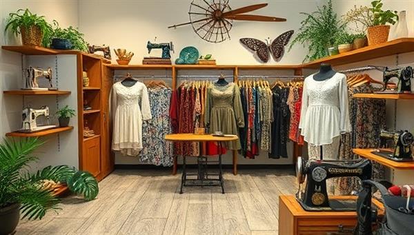 An elegant boutique setting with upcycled fashion pieces displayed on stylish mannequins and racks, surrounded by nature-inspired decor and vintage sewing machines, evoking a blend of modern elegance and eco-conscious style.