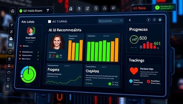 An engaging visualization of an AI interface displaying personalized health recommendations based on user data, with virtual coaching sessions and progress tracking tools integrated, illustrating a cutting-edge approach to individualized wellness through technology.