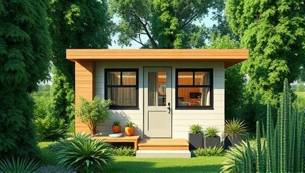 An artistic rendering of a sleek and modern tiny home design surrounded by lush greenery, showcasing the eco-friendly and stylish aspects of the living space.
