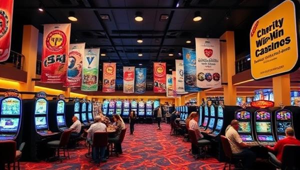 An inviting and charitable casino lobby setting featuring banners and posters showcasing various philanthropic causes and charities supported by the platform, with players enjoying casino games while contributing to positive social impact, highlighting the mission of the Charity Win-Win Casino.