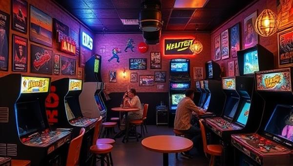A cozy retro gaming cafe interior featuring vintage arcade machines, retro gaming posters, neon lights, and nostalgic gaming memorabilia, with customers enjoying classic games and socializing in a vibrant and retro-themed setting, evoking a sense of nostalgia and community.
