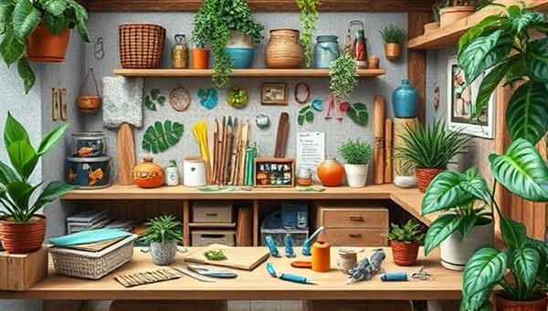 An artistic representation of a colorful craft workspace filled with recycled materials, tools, and finished eco-friendly projects, surrounded by green plants and natural elements, evoking a sense of creativity and sustainability.