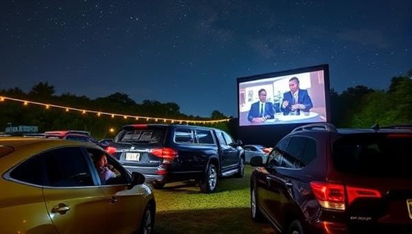 An outdoor setting with cars parked in front of a large screen showing a classic movie, families enjoying snacks and beverages from their vehicles, under a starry night sky, capturing the magical ambiance of Pop-Up Drive-In Theaters.