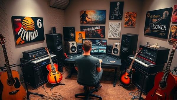 An immersive studio setup with a musician composing game music on a digital workstation, surrounded by musical instruments and reference materials, creating a vibrant and creative atmosphere for game audio production.