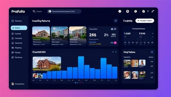 A digital interface displaying a user-friendly investment dashboard with interactive property listings, investment returns visualization, and a diverse portfolio mix, conveying simplicity and transparency in real estate investing through PropFolio.