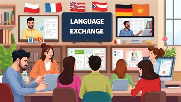 A diverse digital illustration showcasing an online language exchange community with users conversing in different languages, cultural symbols and flags in the background, language learning resources displayed on digital screens, and a welcoming and inclusive atmosphere for language practice and cultural exchange.