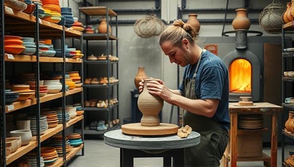 An artistic image of a ceramic artist at the pottery wheel shaping a vase, surrounded by shelves of colorful glazed ceramics, drying racks with freshly made pieces, and a kiln firing in the background, evoking a sense of creativity and artisanal craftsmanship in ceramics.