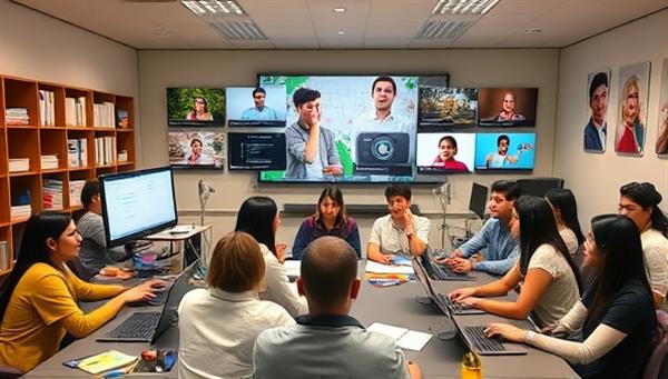 A virtual language classroom with interactive learning tools, multicultural visuals, and a diverse group of students engaging in language exercises and conversation practice, highlighting the immersive and dynamic learning experience offered by CommuniLingua Academy.