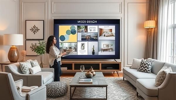 An elegant digital representation of a virtual interior design consultation session with a designer presenting mood boards, color schemes, and furniture layouts on a screen, surrounded by design samples and decor elements, illustrating the personalized and interactive nature of the virtual design services offered.